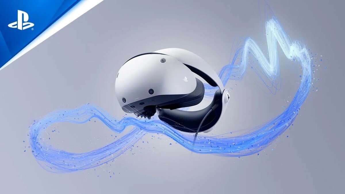 Headset de realidade virtual PS VR2, branco, envolto por um rastro de luz azul em arte oficial da PlayStation