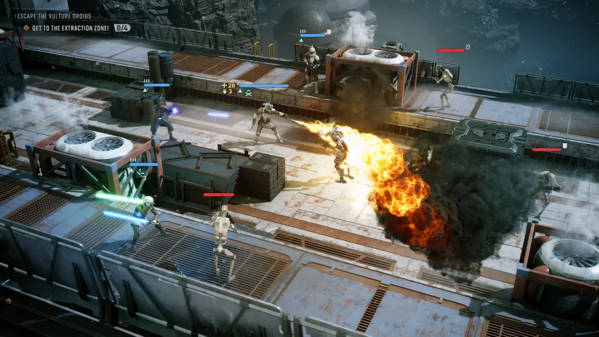 Combate tático em Star Wars Zero Company, com soldados, droides e um lança-chamas em uma plataforma industrial