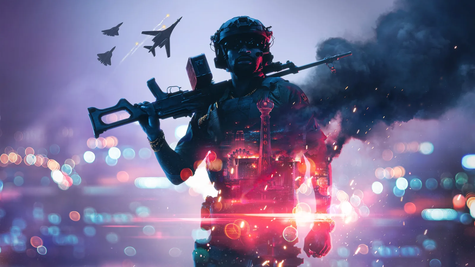 Arte oficial da Temporada 5 de Battlefield 6, com soldado de fuzil no ombro e a Las Vegas Strip ao fundo